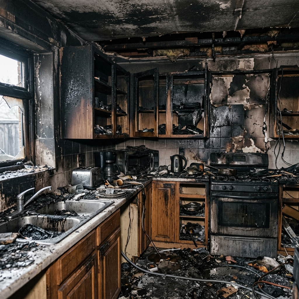 Damage: Kitchen Grease Fire & Heavy Smoke Odor